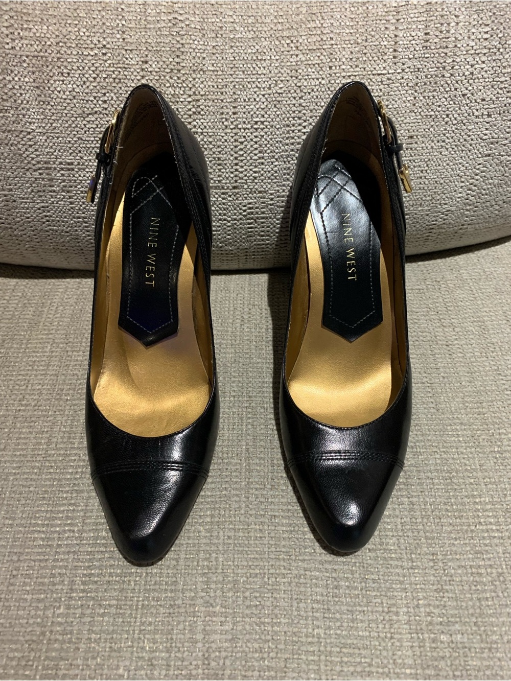 Nine West Black Leather Pointed-Toe Heels with Buckle Strap